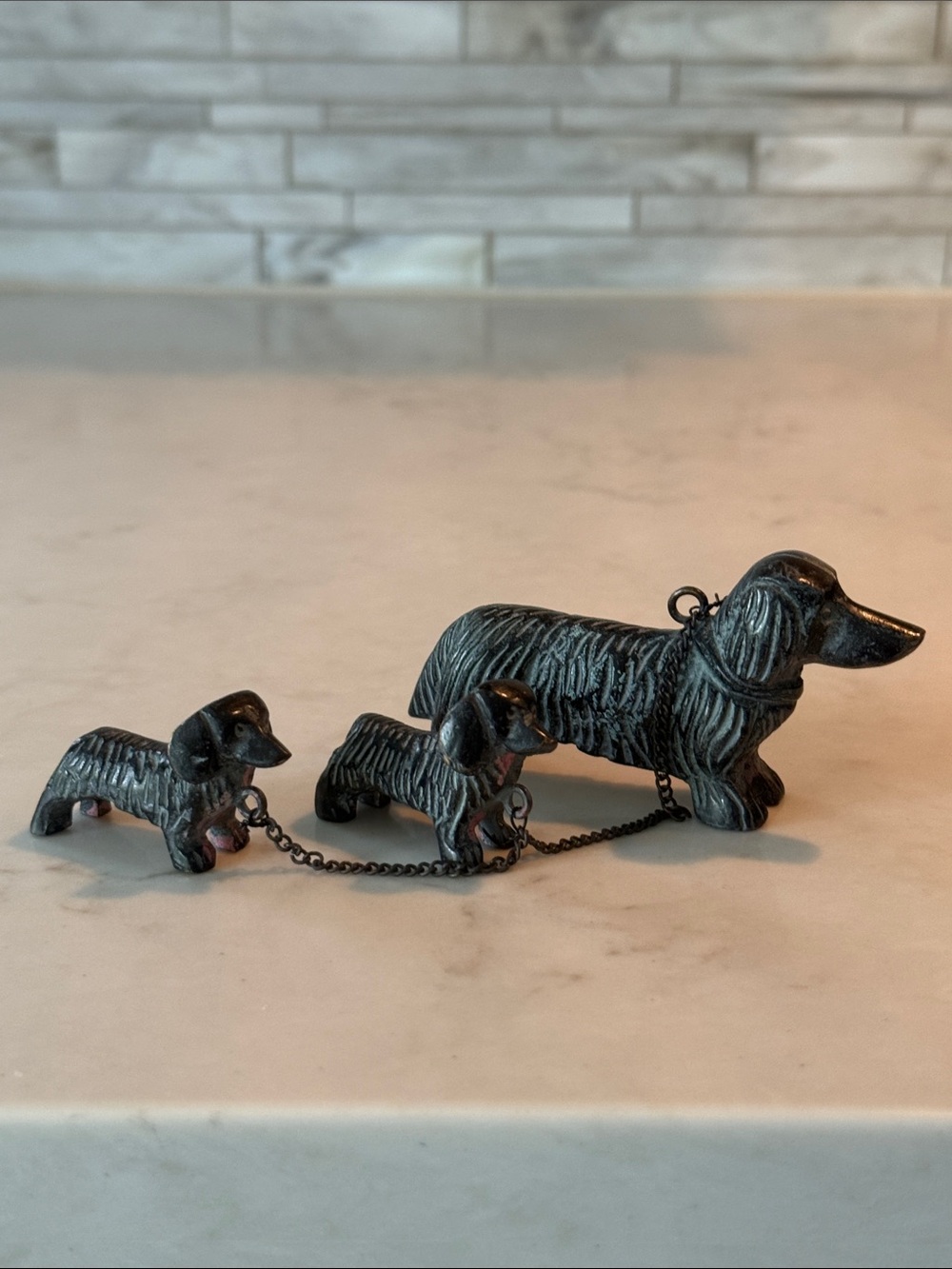 Vintage Cast Metal Dachshund Figurine Set 3 Wiener Dog Miniature